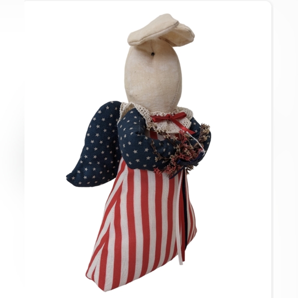 Bunny Rabbit angel folk art Americana tea stain shelf sitter stars strip… - Picture 5 of 5